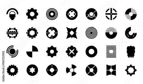 A collection of black and white vector icons depicting various business and conceptual symbols on a white background