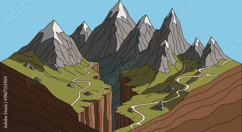 Majestic Mountain Range With Winding Paths And Deep Ravine.