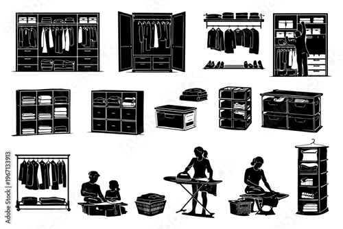 Silhouette illustrations of organized closet and laundry activities.