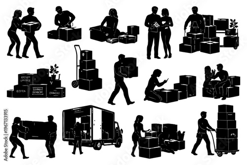 Silhouettes of moving and packing people with boxes and truck.