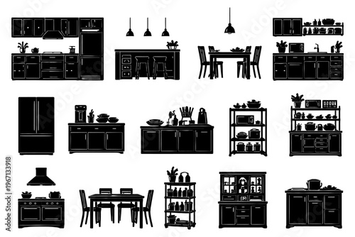 Collection of modern kitchen furniture and appliances in black silhouette style.