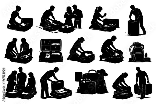Silhouettes of people packing luggage: travel, packing, suitcases, backpacks, organization.