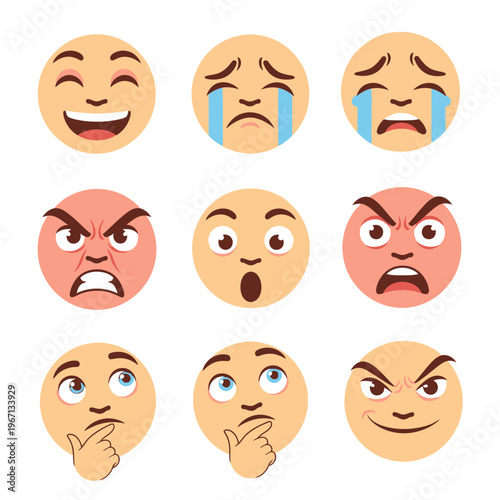 Set of Nine Expressive Emoji Faces Showing Various Emotions and Reactions