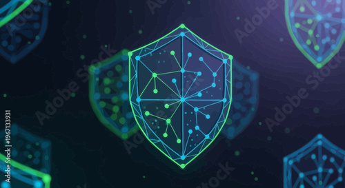 Cyber security shields, neon blue green vector icons, futuristic protection symbols, network safety graphics