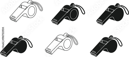 Whistle icon set vector illustration, referee sport whistle collection in outline and solid styles, emergency signal equipment design concept