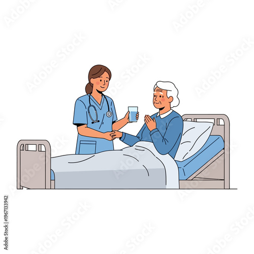Nurse Giving Water to Elderly Patient in Hospital Bed, Caring Assistance Illustration