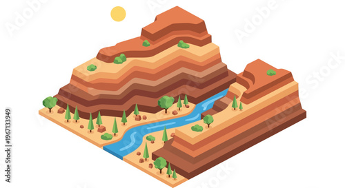 Isometric illustration of a grand canyon landscape with river and sun.
