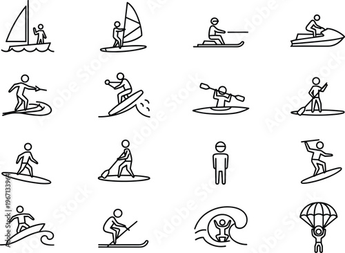 water sports icons set, surfing sailing kayaking jet ski windsurfing activities, adventure recreation, outdoor sport collection, isolated, line design, marine lifestyle