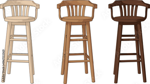 wooden bar stools illustration, classic high chair design, furniture collection, kitchen seating, interior decor, wooden stool set, home furniture vector