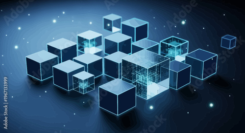 Glowing blue cubes, 3D blocks, futuristic technology, digital background