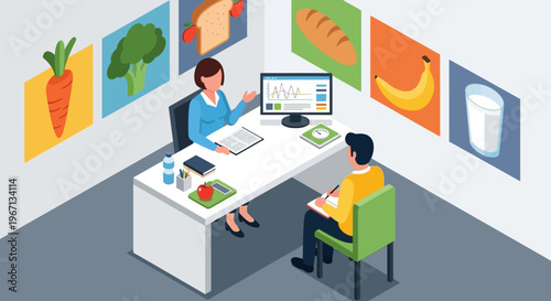 Nutritionist consults with patient about healthy food choices.