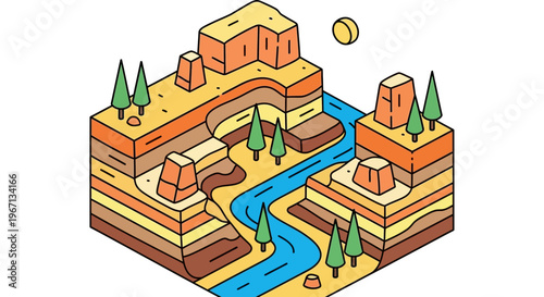 Isometric geological cross section showing canyon and river.