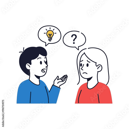 Teamwork brainstorm: man with idea lightbulb talks to confused woman with question mark