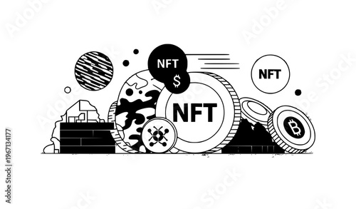 A black and white vector graphic illustration of NFT cryptocurrency coins and tokens on a white background with a cityscape and abstract shapes