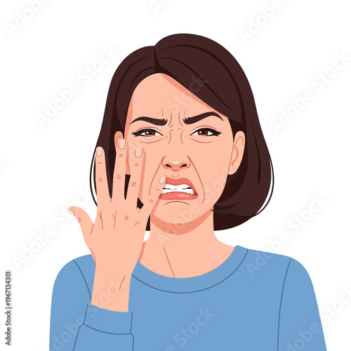 Woman Grimacing in Disgust, Wrinkled Nose, Holding Hand to Face, Negative Emotion