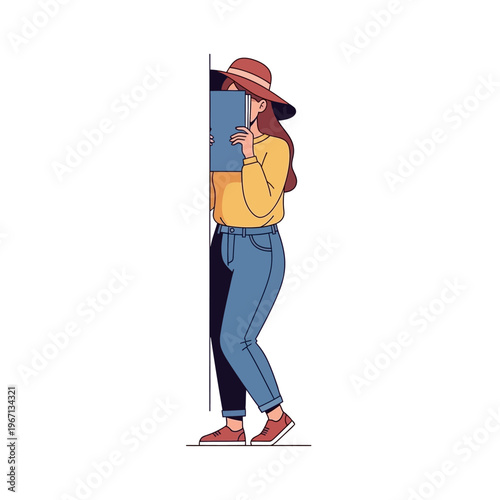 Woman in hat reading a book, peeking from behind a wall, illustration, flat design