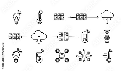 A vector graphic illustration of various technology and internet related icons and symbols for IoT and connectivity on a white background