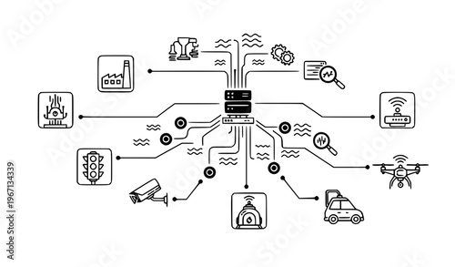 A vector graphic illustration of a central hub connected to various icons representing technology and industry