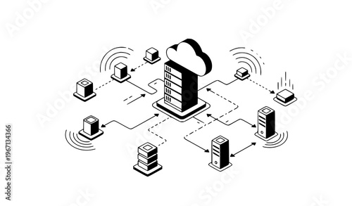 A vector graphic illustration of a cloud server connected to multiple smaller servers and devices in a network configuration with arrows representing data transfer and communication