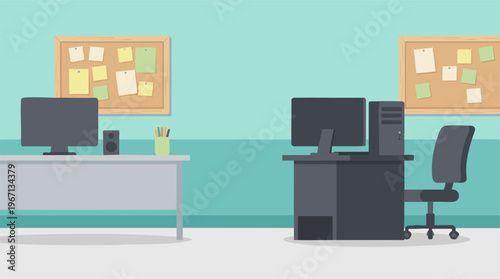 Modern Office Workspaces Illustration with Computers and Bulletin Boards