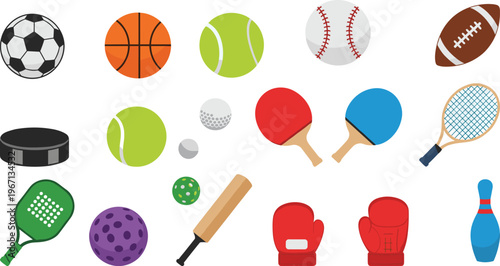 sports equipment icons set, balls rackets gloves bat boxing gear collection, game accessories, isolated, flat design, athletic tools illustration