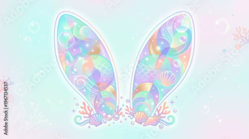 Enchanting Pastel Easter Bunny Ears Adorned with Shimmering Seashells Coral Accents and Starfish Sparkle Evoking Whimsical Ocean Wonderland Vibes for Festive Celebrations and Fantasy Artistry