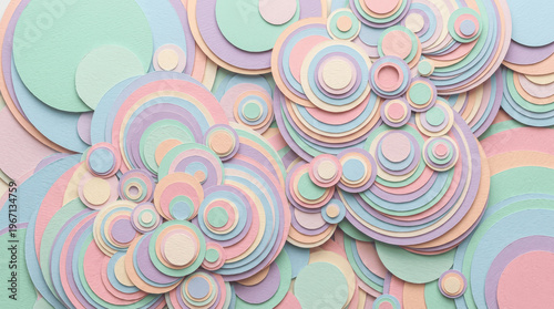 Layered 3D Paper-Cut Circle Pattern with Pastel Concentric Shapes and Drop Shadows