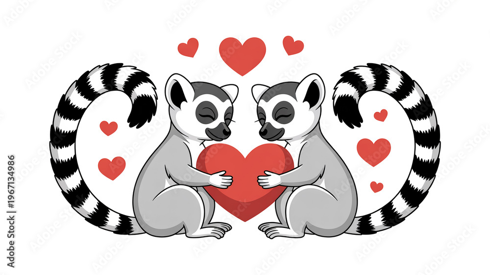 Fototapeta premium A digital illustration of two cute ring-tailed lemurs sitting side by side, forming a heart shape with their bodies.