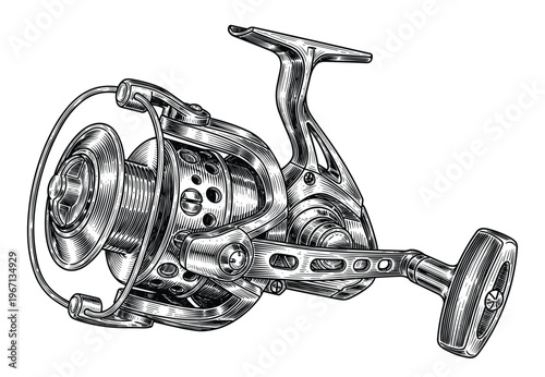 Spinning fishing reel vector illustration for outdoor sport gear advertisement.