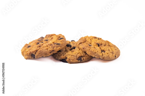 A side-eye level shot of three chocolate chip cookies overlapping in a small cluster, isolated on a clean white background.