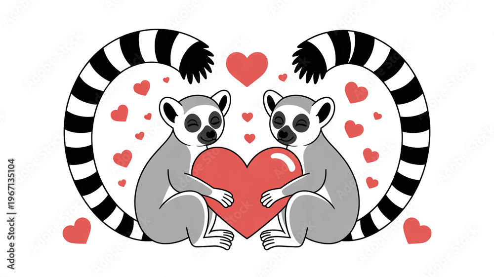 Fototapeta premium A digital illustration of two cute ring-tailed lemurs sitting side by side, forming a heart shape with their bodies.