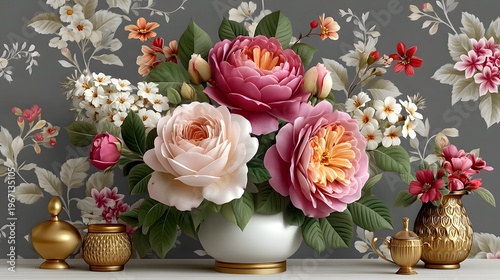 Elegant vintage floral wallpaper with peony bouquet design high resolution Background
