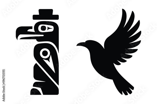 Vector illustration of totem pole and bird