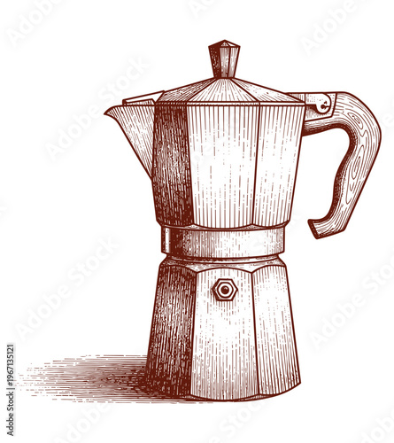 Italian moka pot coffee maker vector for kitchen interior or cafe branding art.