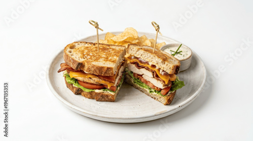 Gourmet Turkey Club Sandwich with Bacon, Avocado, and Arugula on Toasted Multigrain Bread