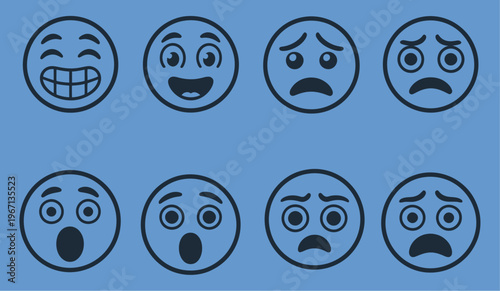 Eight circular faces displaying various human emotions on a blue background, playful and expressive icons showing diverse moods, ideal for storytelling, social media graphics, user interface 