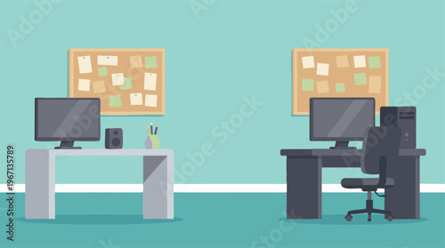 Modern Office Workspaces with Computers and Bulletin Boards