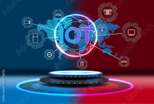 Internet of Things concept illustration. Glowing IOT text over a world map, connected to smart device icons. A futuristic pedestal sits on a split blue red background. High tech innovation theme