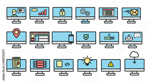 Desktop computer icon set with technology symbols in soft pastel colors for web and app UI. Minimalist vector illustration of 18 workstation screens featuring cloud computing, video call, server, loca