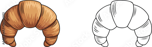 Croissant illustration & outline set isolated on transparent background 