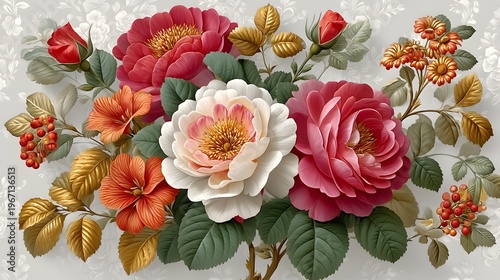 Romantic vintage floral composition with detailed peony blossoms high resolution Background