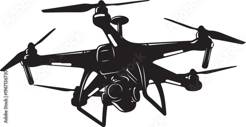 Black drone with propellers on white background silhouette