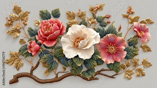 Elegant vintage floral arrangement with golden leaves luxury high resolution Background