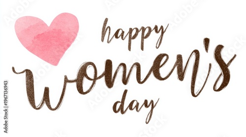 Happy Women's Day greeting card design featuring a pink heart and elegant handwritten typography on a white background for celebration and awareness