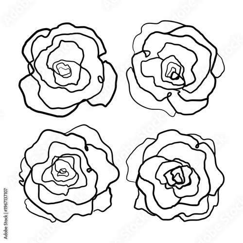 Set of hand drawn ink style decorative abstract blooming rose doodles