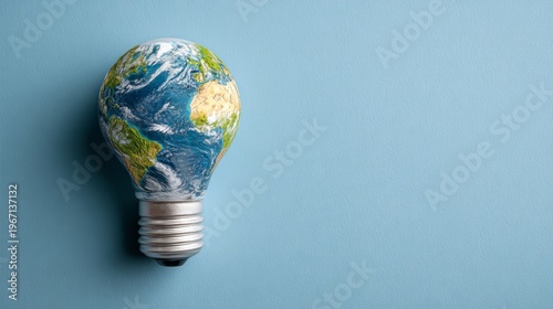 Light bulb shaped like Earth with detailed continents and oceans against a solid blue background, symbolizing environmental awareness and sustainability concepts. Earth Day