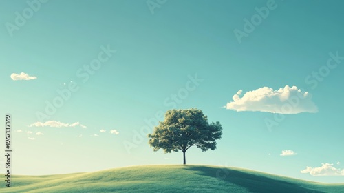 Single green tree standing on a grassy hill under a clear blue sky with a few fluffy clouds scattered in the background during a sunny day