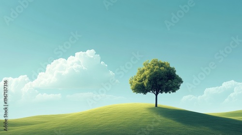 Single green tree on a grassy hill under a clear blue sky with fluffy white clouds in the background creating a serene natural landscape