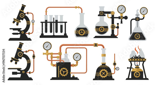 Steampunk laboratory equipment illustration with microscopes and beakers