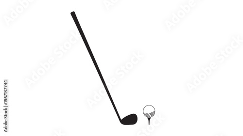 Golf club and ball on tee, clean black silhouette on white background, representing the sport of golf and a moment of play.
